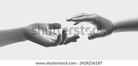 Hands reaching out to each other. Concept of human relationship, unity or partnership. Hand models are made by different technologies (voxel and grid). 3D vector illustration for varied design.