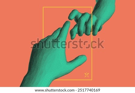 Hands reaching towards each other. Concept of human relation, togetherness or  partnership. 3D vector illustration. Can be used for advertising, marketing or presentation.