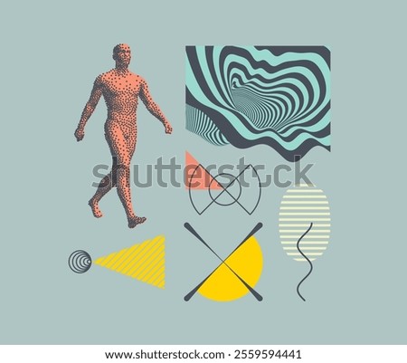 Abstract man stepping forward. 3D human body model with stipple effect. Pattern with optical illusion. Abstract striped background. Art composition of flat colorful vector shapes. Vector for design.