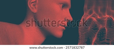 Side view of a human head formed from dots. Stipple style digital face. Array with dynamic emitted particles. Water splash imitation. Abstract background. Big data. Vector for cover, card, design.