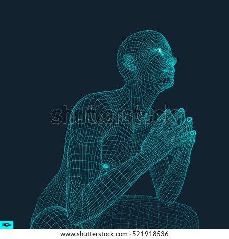 Man in a Thinker Pose. 3D Model of Man. Geometric Design. Human Body Wire Model. Business, Science, Psychology or Philosophy Vector Illustration. 