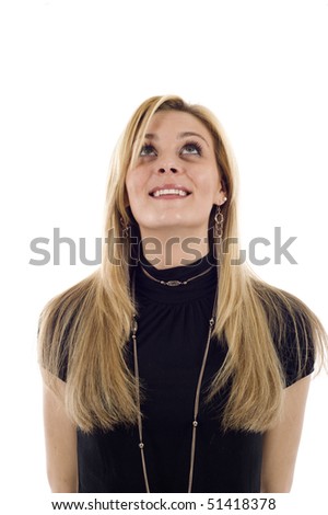 Smiling thoughtful business woman looking up at copyspace isolated over white background