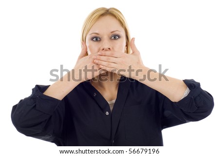 Young blonde woman covers her mouth - speak no evil, isolated on white background