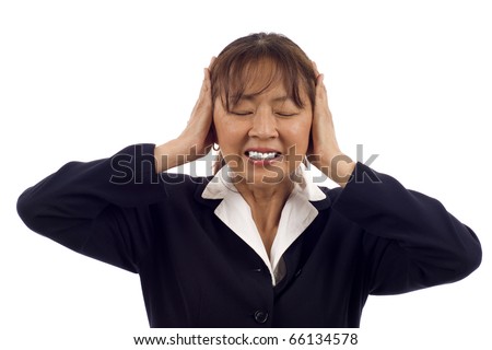 Asian business woman hear no evil isolated over white background