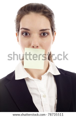 Beautiful woman with post it note on her mouth isolated over white background, Concept:  What Can I Say? Write your message.