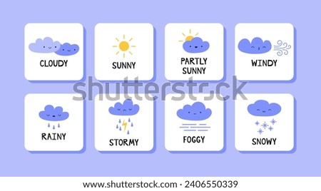 Weather flash cards illustration set. Cute vector weather kawaii elements for children. Sunny, cloudy, windy, rainy, stormy, foggy, snowy words lettering