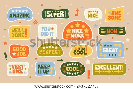 Good job, nice work, super, well-done sticker set. Positive, inspirational, and praising lettering words and phrases to celebrate the school, educational, student, and work results and success