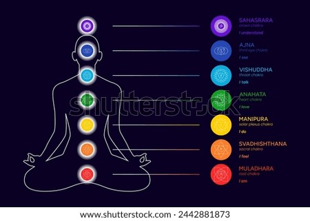 Chakras infographic, names, titles, line art symbol icons. Silhouette of a human body in a lotus position. Chakra system information illustration