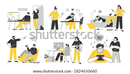 Problems of relations between teenagers and their parents. Dependence on gadgets. Ignoring teenagers of their parents. Vector Illustration