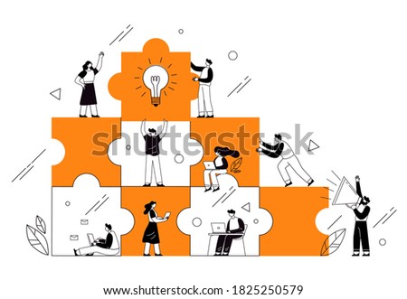 The concept of joint teamwork, building a business team. Vector illustration of working characters, people connecting pieces of puzzles. Metaphor of cooperation and business partnership.