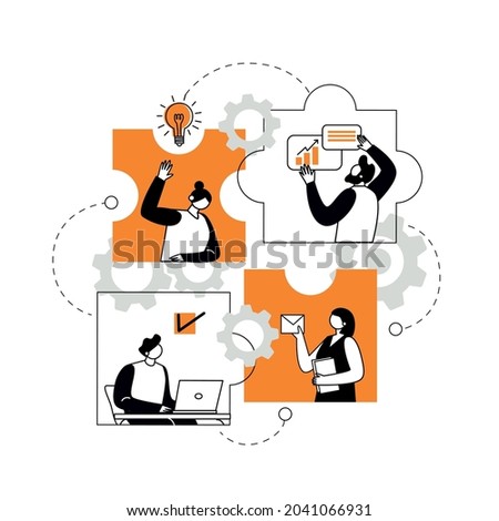 The concept of joint teamwork, building a business team. Vector illustration of working characters, people connecting pieces of puzzles. Metaphor of cooperation and business partnership.