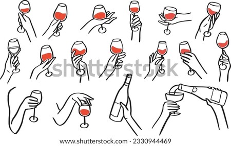 Collection of different hands gestures hold wineglass or drink. Hand drawn style. Hand for logo in restaurant or bar. Vector illustration
