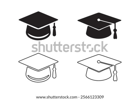 Graduation cap icon set filled and outline silhouette vector on a white background.