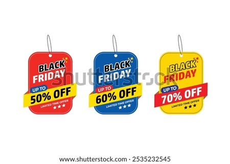 Black Friday offer dangler Vector template design, 50% off, 60% off, 70% off,
Black friday realistic hanging sales label collection, tag, hand tag sticker multiple color.
shopping sale sticker