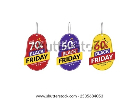 Black Friday offer dangler Vector template design, 50% off, 60% off, 70% off,
Black Friday realistic hanging sales label collection, tag, hand tag sticker multiple color.
shopping sale sticker