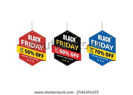 Black Friday offer dangler Vector template design, 50% off, 60% off, 70% off,
Black Friday realistic hanging sales label collection, tag, hand tag sticker multiple color.
shopping sale sticker