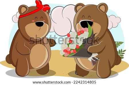 cute teddy bear bought a beautiful bouquet of flowers and gave it to his girlfriend