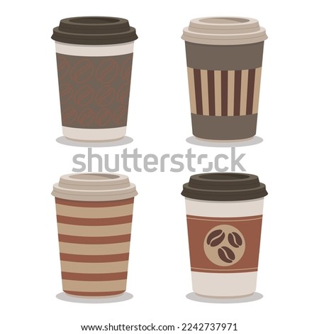 Collection of small brown coffee cups takeaway from flat paper coffee beans