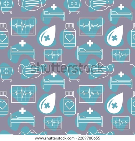 medical pattern with color elements of hospital bed, pulse monitor, bottle with pills, mask and cart