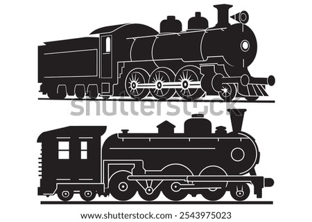 Diesel Locomotive, Passenger Carriage, and Electric Locomotive Vector Illustrations