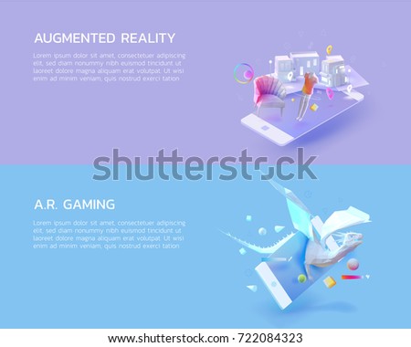 a set of 3d polygon illustration concept for augmented reality mobile application that let's you know about product detail before buying,augmented gaming can make the dragon come to the reality world.