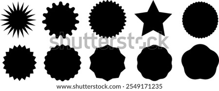 A set of stickers with a circle. Promo black badges with a wavy edge. Black and white. Star-shaped tags with sharp edges for the price. Blank sale stickers. Simple silhouette. 