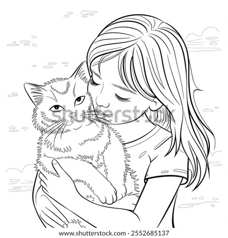 A black and white coloring page of a line art a girl kisses cat