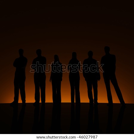 Group of people on black background with back light.