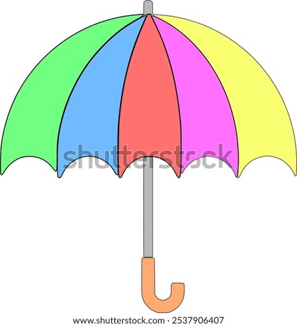 Vector image an open umbrella with multiple vibrant colors on its canopy, creating a cheerful and lively look. Perfect for weather-themed designs and rainy day illustrations