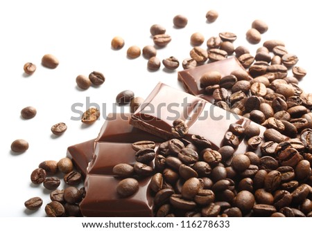 chocolate and coffee beans on white background