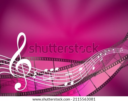 cinema and music background with filmstrips and treble clef with sound notes, soundtrack background with waving musical lines and note. vector illustration