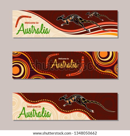 Horizontal banner templates in Australian aboriginal style. Kangaroo, boomerang, stylized sun, decorative elements. Welcome inscription. Vector color illustration.