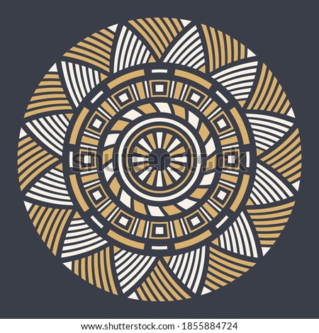 Abstract circular ornament. Ethnic mandala. Stylized sun symbol. Rosette of geometric elements. Tribal ethnic motif. Color print. Round  pattern. Decorative vector design element.