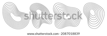 Set of 4 abstract liquid geometric shapes. Dynamical forms with lines, isolated on white background. Graphic elements. Template for poster, logo, cover design. Vector black and white illustration.