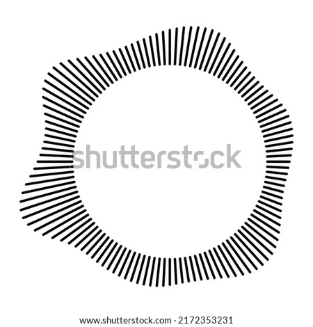 Circular frame. Round shape. Radial black concentric particles. Ring of short thin rays with wavy silhouette isolated white background. Sound wave. Infographic element. Vector illustration.