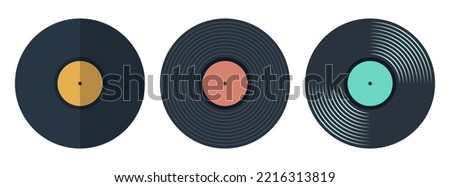 Vinyl icons. Vector vinyl record disc set. Vector color illustration. The view from the top. Gramophone LP vinyl record. Retro design.