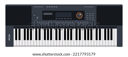 Synthesizer vector illustration. Realistic analog synthesizer. Keyboard for making music with black and white keys. Color illustration, isolated on white background.