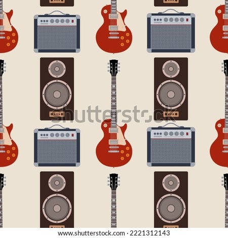 Vector music seamless pattern. Rock music theme. Pattern with electric guitar, music speaker, amplifier. Color vector background.