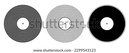 Vinyl icons. Vector vinyl record disc set. Vector black and white illustration. The view from the top. Gramophone LP vinyl record. Retro design. Simple symmetric vector icons.