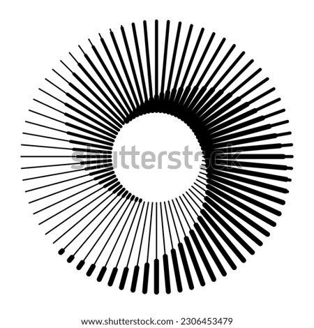 Radial lines with different thicknesses in a circle. Rotating lines in spiral form. Vector monochrome illustration. Starburst round Logo. Spiral vector design element. Sunburst .
