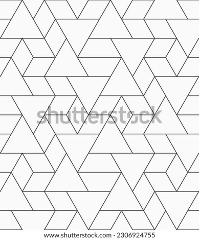Vector seamless pattern. Geometric linear pattern. Mosaics motif. Polygonal trellis on the base of triangular grid. Hexagopns, rhombuses, triangles seamless black and white vector background.