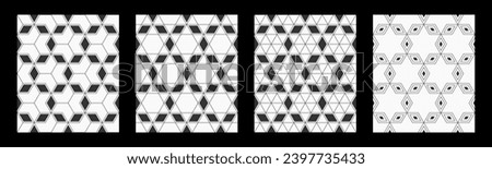 Set of four abstract seamless hexagonal geometric patterns with triangles and rhombuses. Triangles grid vector patterns. Vector black and white geometrical backgrounds.