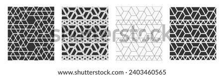 Set of four vctor seamless geometric patterns. Mosaics. Polygonal trellis on the base of triangular grid. Hexagons, triangles, rhombuses patterns. Abstract seamless black and white vector backgrounds.