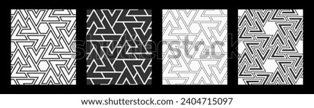 Set of four vector seamless patterns. Geometric shapes patterns. Mosaics motif. Polygonal trellis on the base of triangular grid. Abstract seamless black and white vector backgrounds.