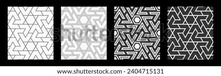 Set of four vector seamless patterns. Geometric shapes patterns. Mosaics motif. Polygonal trellis on the base of triangular grid. Abstract seamless black and white vector backgrounds.