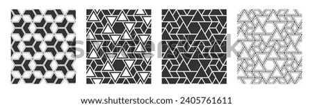 Set of four vector seamless patterns. Geometric shapes patterns. Triangles, hexagons patterns. Polygonal trellis on the base of triangular grid. Abstract seamless black and white vector backgrounds.