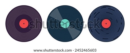 Vinyl icons. Vector vinyl record disc set. Vector color illustration. The view from the top. Gramophone LP vinyl record. Retro design. Vector icons set. Vinyl collection.