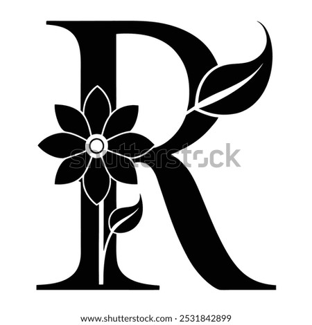 Download a stunning capital letter R with a floral effect. This vector illustration features line art, silhouette, icon, logo design, and clipart, perfect for creative projects, branding.