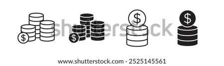 Coins stack Money vector filled and outlined icons collection