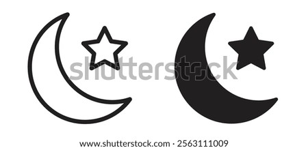 Star and crescent icons in black line and filled versions